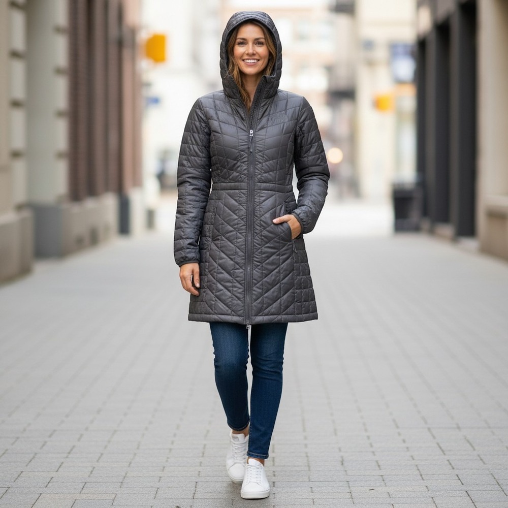 The North Face Womens ThermoBall Eco Parka Quilted Hooded Jacket Grey XS